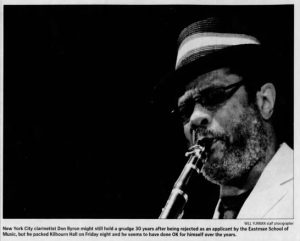 Image from the Rochester International Jazz Festival. Caption reads, "New York City clarinetist Don Byron might still hold a grudge 30 years after being rejected as an applicant by the Eastman School of Music, but he packed Kilbourn Hall on Friday night and he seems to have done OK for himself over the years"