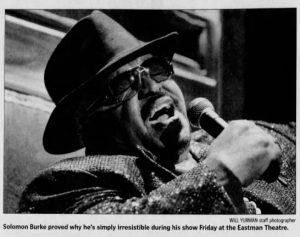 Image from the Rochester International Jazz Festival. Caption Reads, "Solomon Burke proved why he's simply irresistible during his show Friday at the Eastman Theatre."