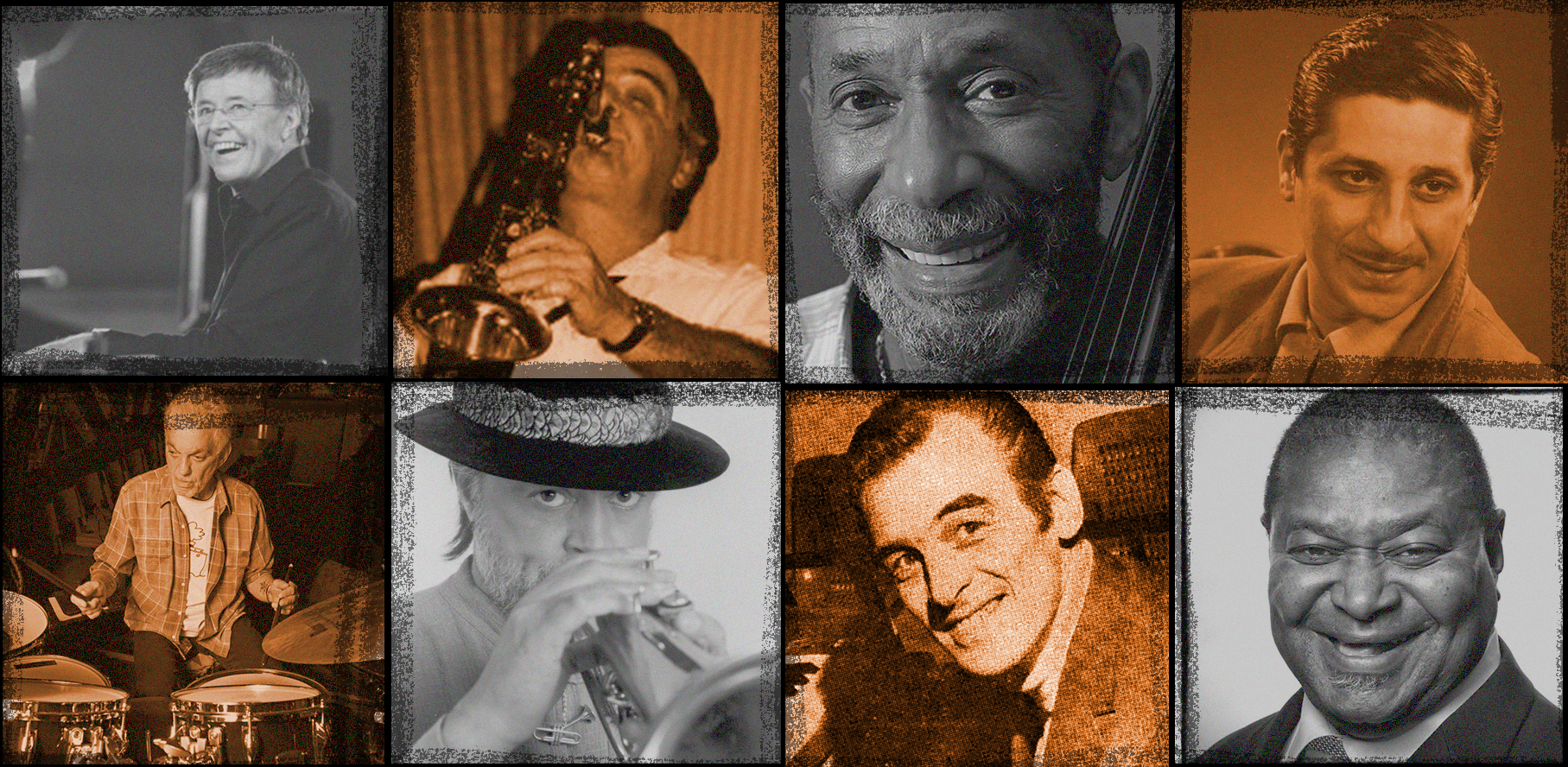 Rochester's Mid Century Jazz Musicians. Tiled image featuring (from top left) Gap Magione, Joe Romano, Ron Carter, Joe Squeezer; (from bottom left) Steve Gadd, Chuck Magione, Doug Duke, Pee Wee Ellis