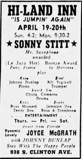 A vertical ad for the Hi-Land Inn lists upcoming performers. Sonny Stitt's name is bolded and surrounded by stars.